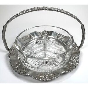 VTG Hand Wrought Hammered Aluminum Server Divided Glass Dish w/ Handle Floral 7"